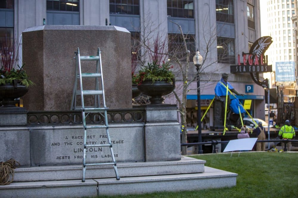 The empty pedestal in Park Square. (Jesse Costa/WBUR)