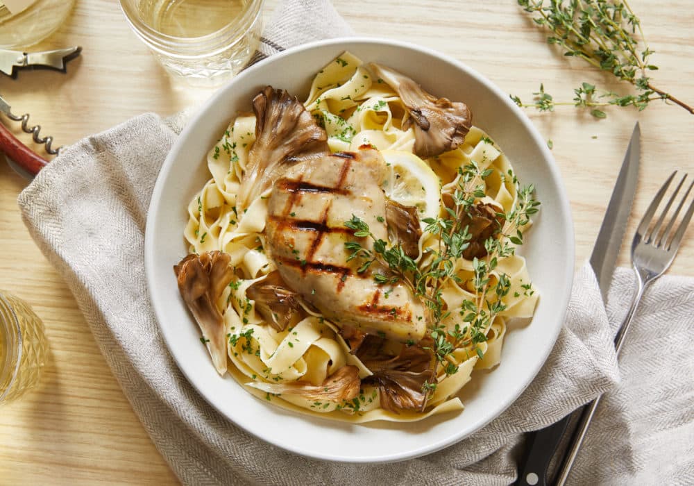 Eat Just's cultured chicken in a bowl of pasta. (Courtesy of Eat Just)