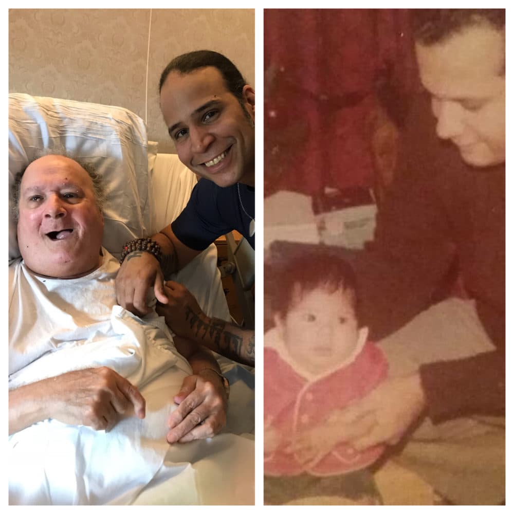 On the left, Rafael Salado II with his son Julio at a Boston nursing home in the past couple years. On the right, Julio Salado with his father in 1975. (Courtesy)