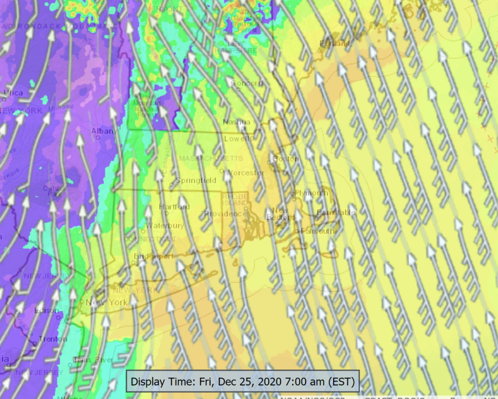 Strong winds from the south will arrive by early Christmas morning. (Model Data)