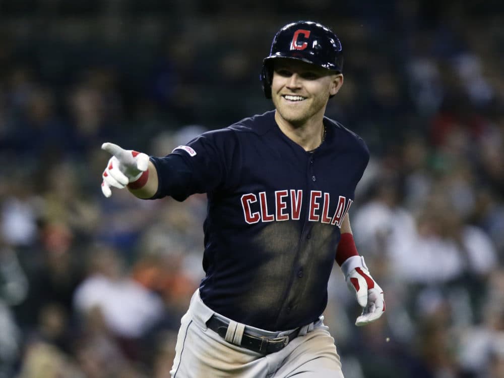 Jake Bauers #10 of the Cleveland Indians points to his dugout after hitting a two-run home run to complete the cycle against the Detroit Tigers during the eighth inning at Comerica Park on June 14, 2019 in Detroit, Michigan. (Duane Burleson/Getty Images)