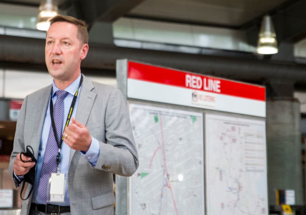 Steve Poftak, General Manager of the MBTA, holds a press conference in the lobby of the Ashmont Red Line station in Boston's Dorchester on June 22, 2020. (Blake Nissen for The Boston Globe via Getty Images)