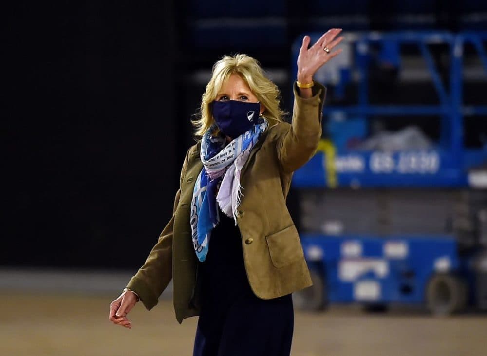 Jill Biden arrives to join Operation Gratitude to assemble care packages for deployed U.S. troops, on December 10, 2020, in Washington, DC. (Olivier Douliery/AFP)