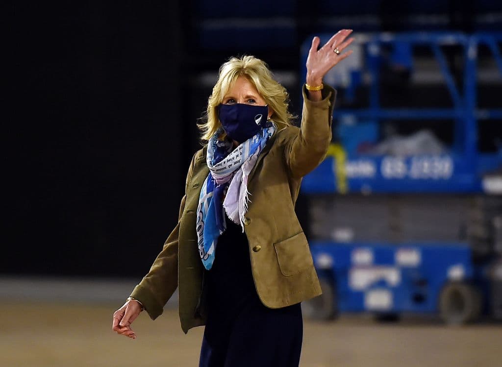 Jill Biden arrives to join Operation Gratitude to assemble care packages for deployed U.S. troops, on December 10, 2020, in Washington, DC. (Olivier Douliery/AFP)