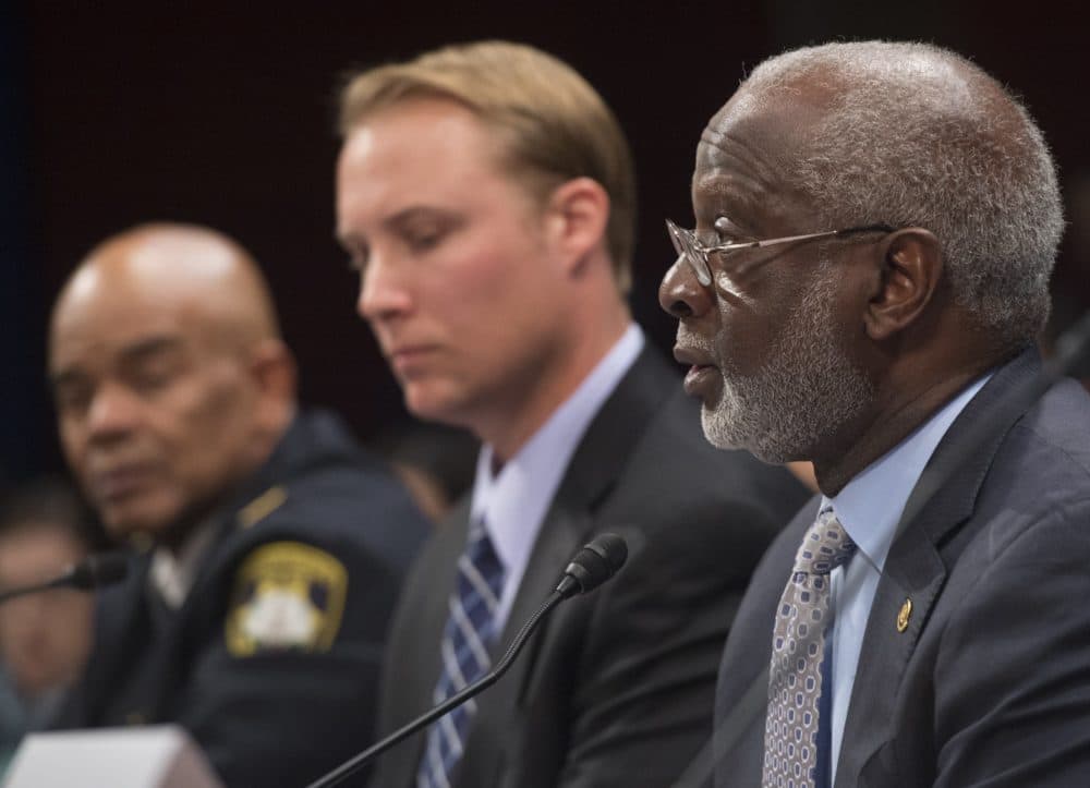 Police Chief John Dixon (L), of Petersburg, Virginia, Chris Kitaeff (C), board member of Arizonans for Gun Safety and a gun dealer, and former US Surgeon General David Satcher (R), speak during a forum on gun safety reform on Capitol Hill in Washington, DC, December 8, 2015. (SAUL LOEB/AFP via Getty Images)