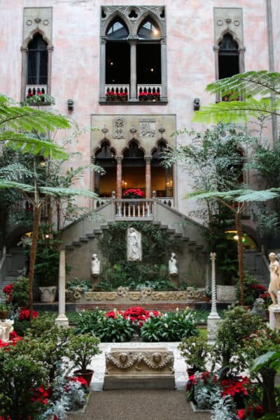 The courtyard of the Isabella Stewart Gardner Museum, prepared for holiday visitors. Now that the museum has closed down again, the plants are being donated to community organizations like the Veronica Robles Cultural Center and the Boston Chinatown Neighborhood Center. (Courtesy Isabella Stewart Gardner Museum)