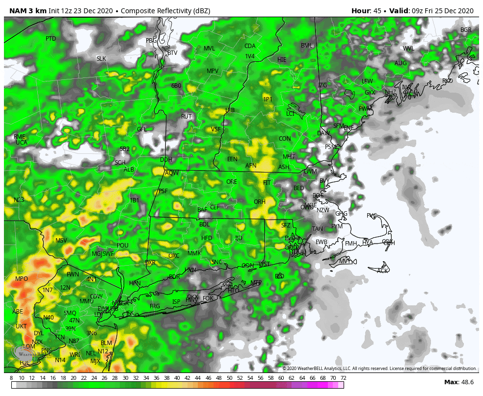 Rain will overspread the area early Christmas and continue through early to mid-afternoon. (Courtesy WeatherBell)