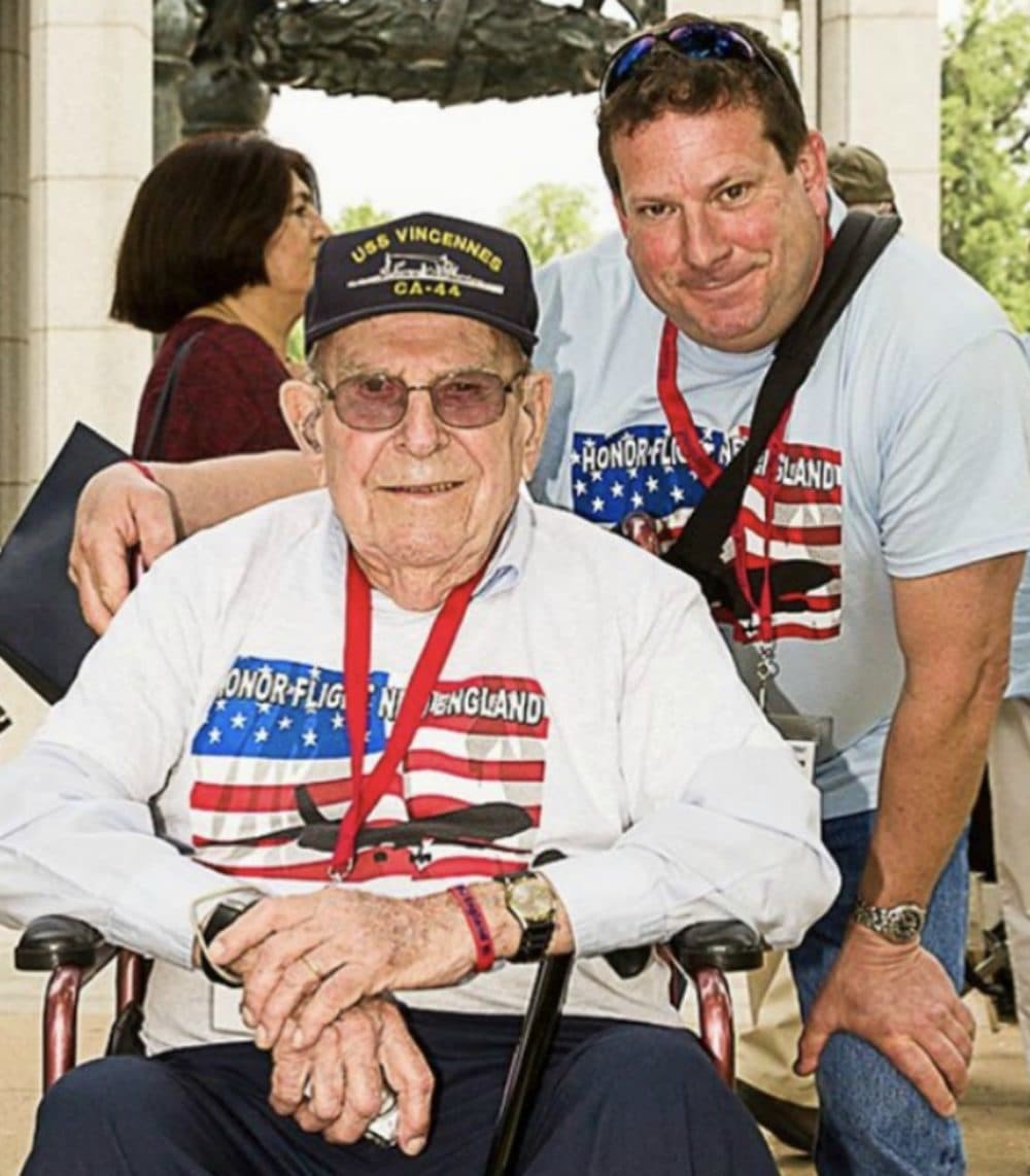Steven T. Richard with his father, Earl L. Richard, a World War II veteran, at an &quot;Honor Flight&quot; event in Washington, D.C. Earl L. Richard passed away from COVID-19 on March 29, 2020, five days after his son succumbed to the disease. He was 99 years old. (Courtesy Karen Nascembeni)