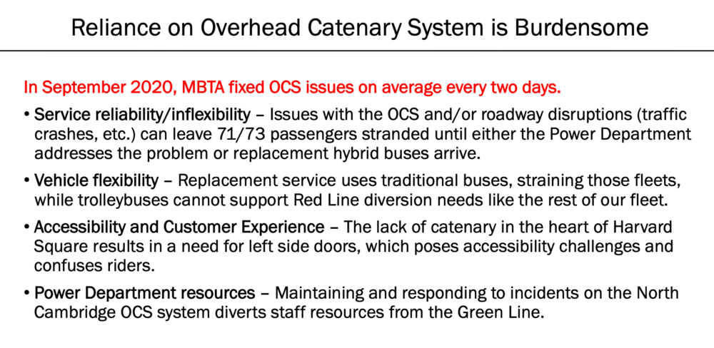 In a presentation on Nov. 9, the MBTA outlined four reasons why maintaining the overhead wire system, or overhead catenary system, is burdensome.