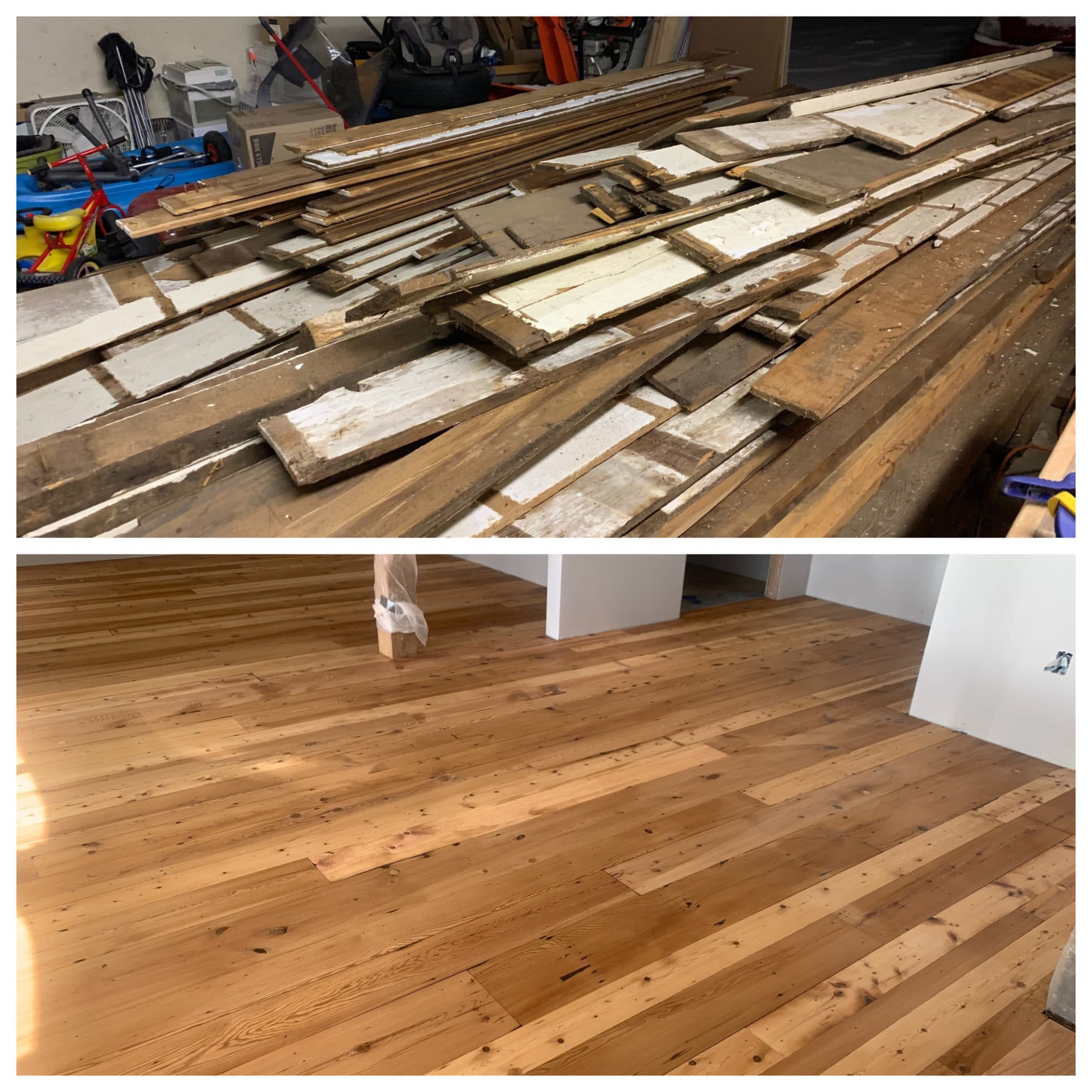 The barn's original floorboards, before and after. (Simón Rios/WBUR)