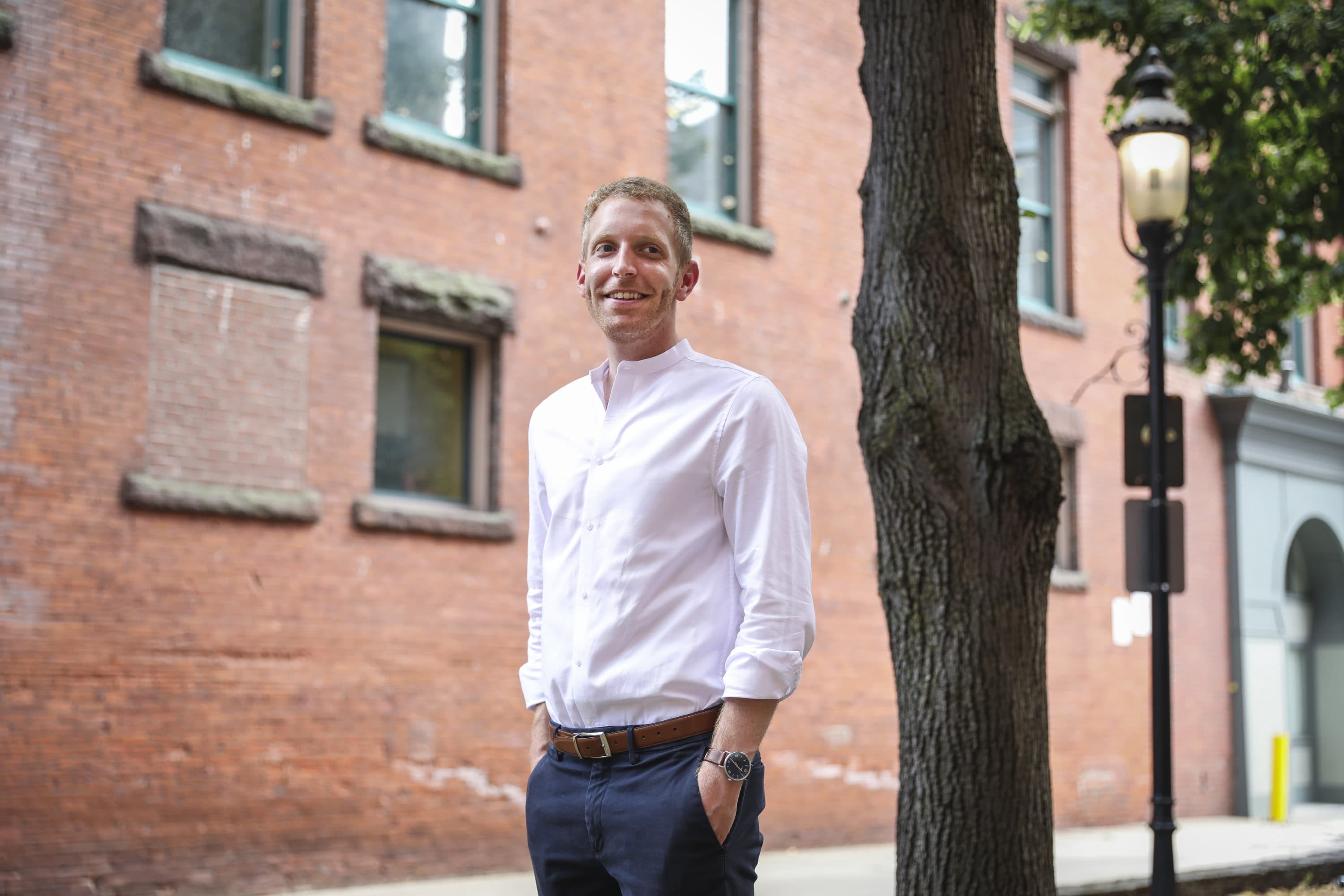 Mayor Alex Morse of Holyoke stands for a portrait in Springfield, Mass. on Aug. 26. (Erin Clark/The Boston Globe via Getty Images)