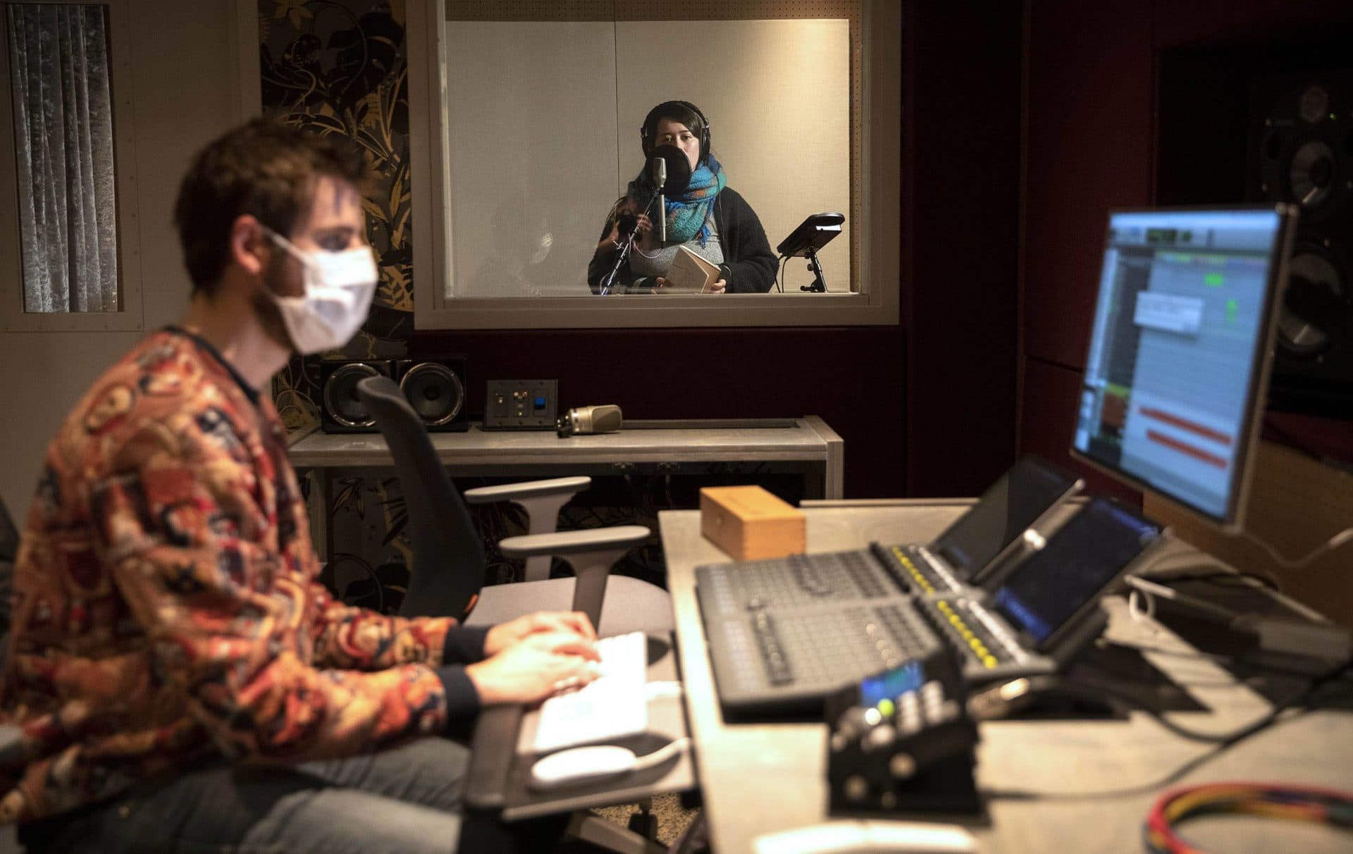 Bent Knee singer Courtney Swain recording some vocals at The Record Co. (Robin Lubbock/WBUR)