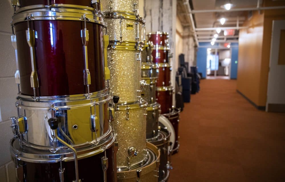 Drum kits in a corridor, for use in the studios at The Record Co. (Robin Lubbock/WBUR)