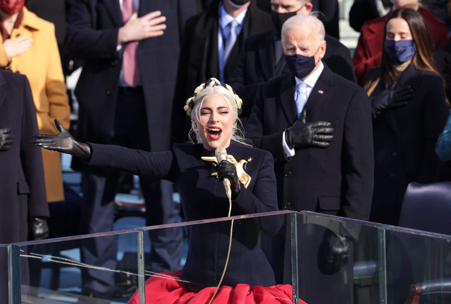 Lady Gaga sings the National Anthem at the inauguration. (Alex Wong/Getty Images)