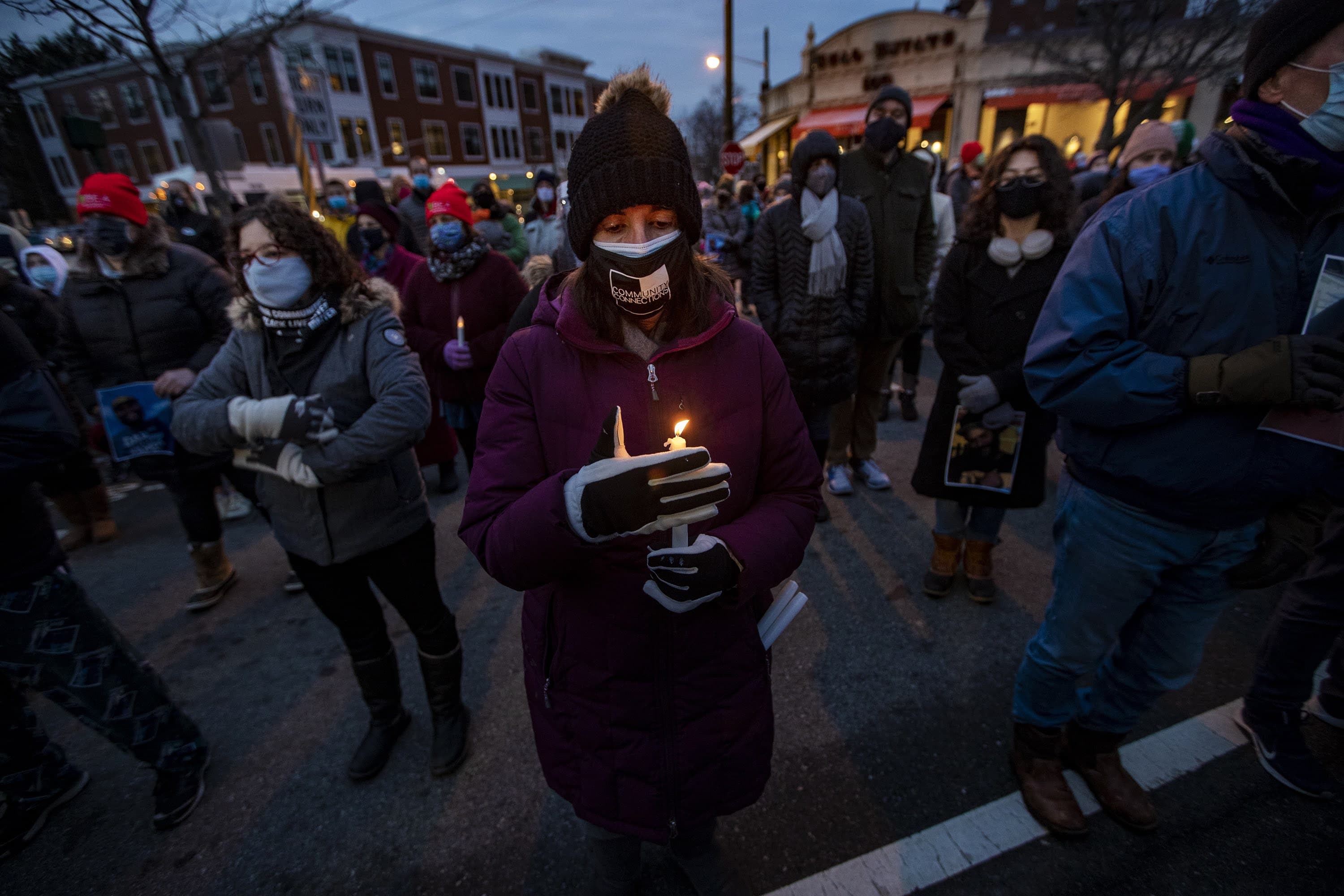 Hundreds gathered in Cushing Square in Belmont to honor the memory of Henry Tapia, two days after he had an altercation with a man who reportedly yelled racial slurs and then drove over him, ultimately killing Tapia. (Jesse Costa/WBUR)