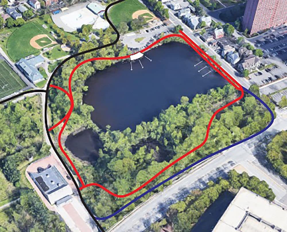 An aerial view of Jerry's Pond with black and blue lines marking existing pedestrian and bike paths. Red lines indicate proposed changes. White arrows indicate proposed overlooks. (Courtesy of IQHQ)