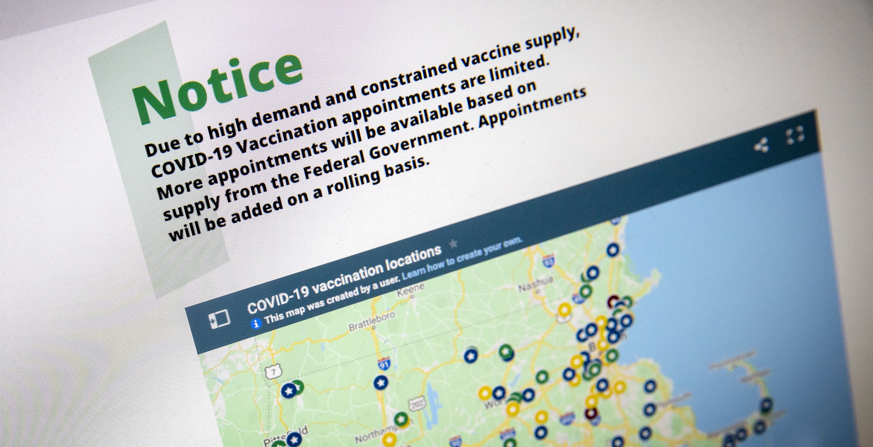A notice on the state's COVID-19 vaccination website on Wednesday, Jan. 27, alerts users that appointments are limited. (Robin Lubbock/WBUR)