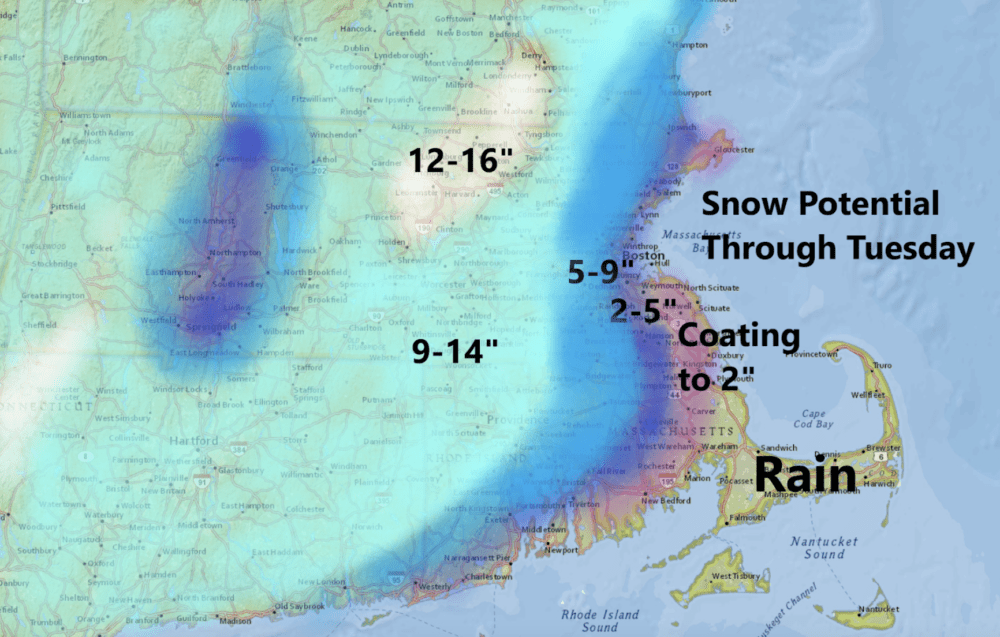 Parts of Greater Boston could see as little as 2 inches or as much as 9 inches with the colder air just to the west of the city. (Dave Epstein for WBUR)