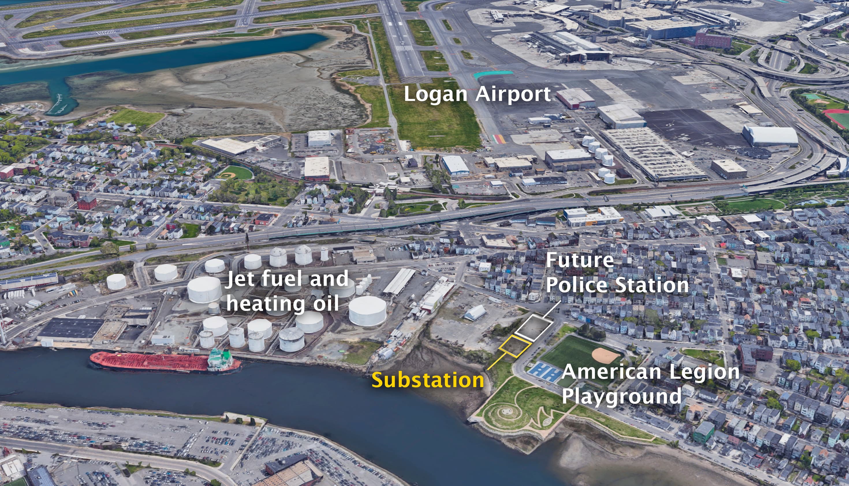 The location of the proposed electrical substation in East Boston (Jesse Costa/WBUR and Google Earth)