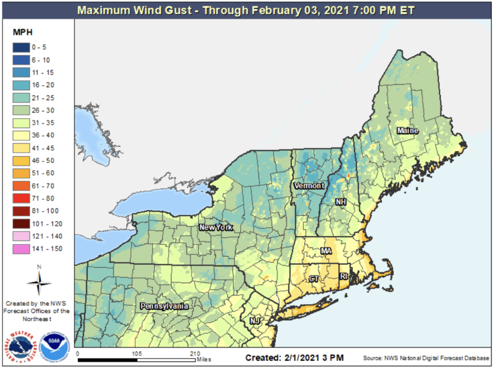 Winds will be gusty along the coastline Monday evening. (Courtesy NOAA)