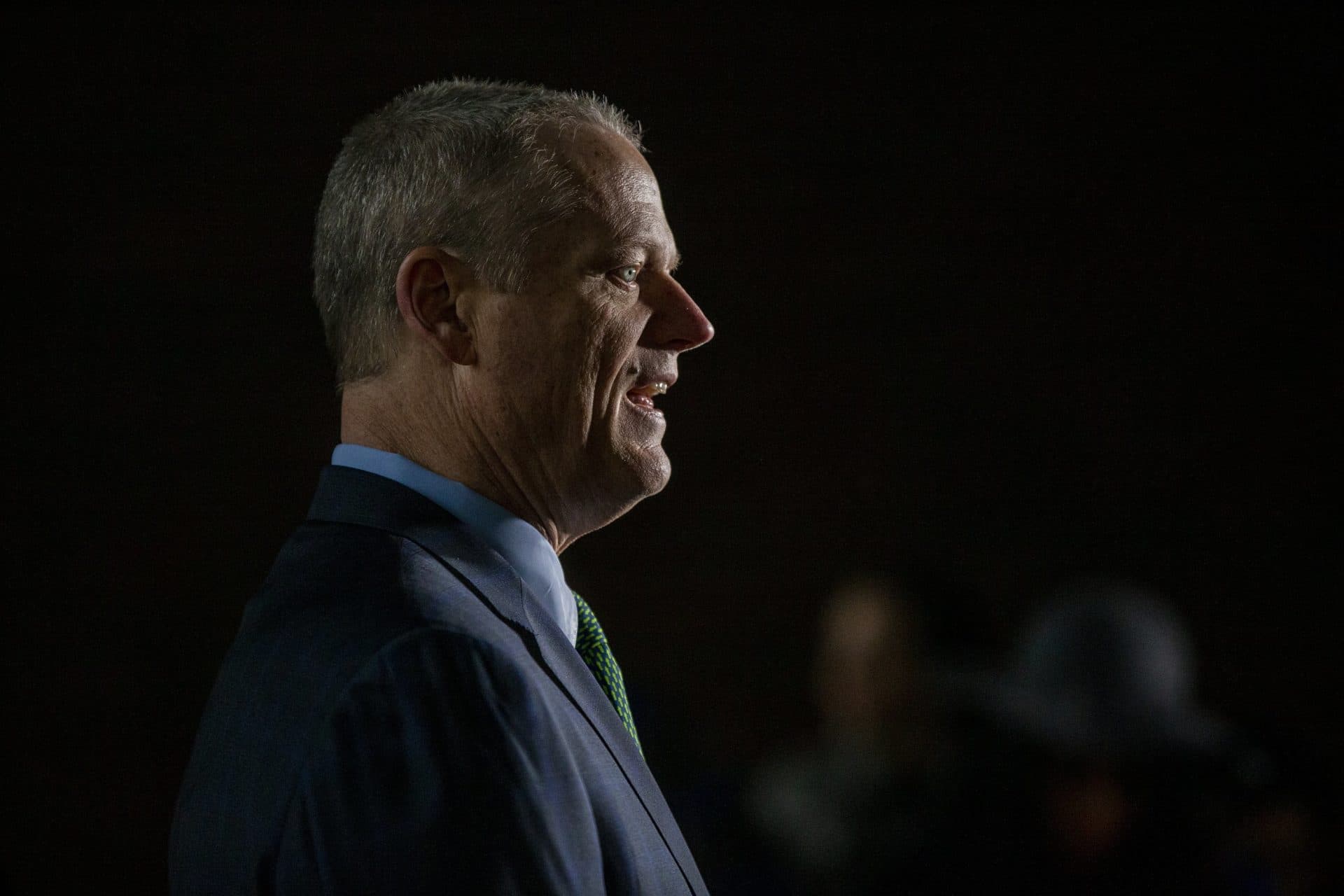 In this file photo from March 13, 2020, Gov. Baker speaks during Boston Mayor Marty Walsh's press conference to announce the postponement of the Boston Marathon. (Jesse Costa/WBUR)
