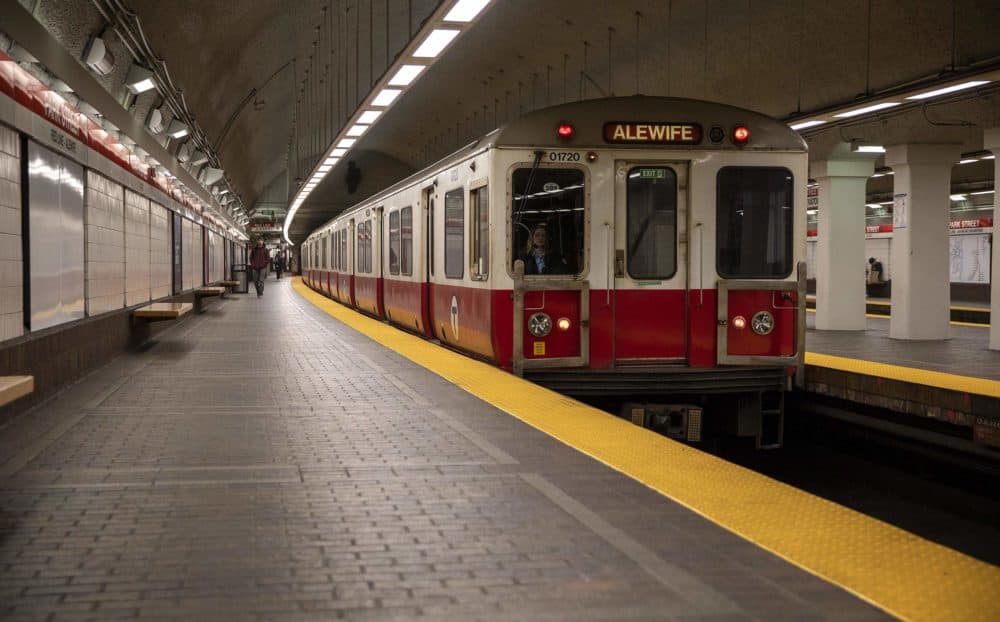 A Red Line MBTA train pulls up to a Park Street platform. (Robin Lubbock/WBUR)