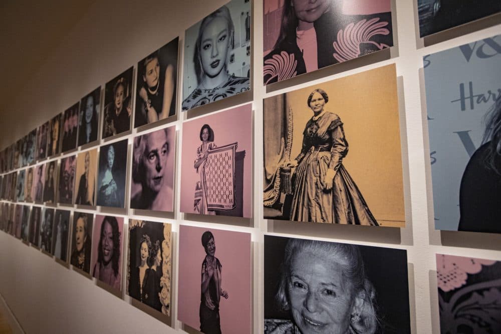 Elizabeth Keckley (center row, right) is pictured among the other designers featured in the exhibit. (Jesse Costa/WBUR)