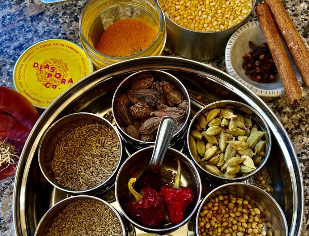 Ingredients used to make turmeric-spiced dal. (Kathy Gunst)