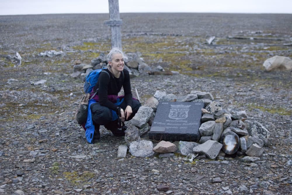 &quot;Icebound&quot; author Andrea Pitzer with memorial plaque on Nova Zembla (Novaya Zemlya) at the site of the ruins of William Barents' cabin. (Photo by Alexander Bogdanov)