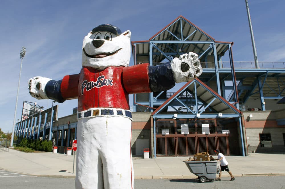 In this Sept. 23, 2010 file photo, a statue of the Pawtucket Red Sox baseball team mascot &quot;Paws&quot; stands outside McCoy Stadium, in Pawtucket, R.I.(Steven Senne/AP File)