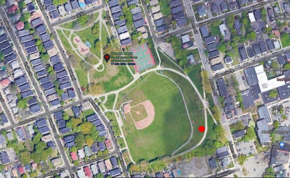 A modern aerial image of Ronan Park and the location of where the sinkhole opened. (City of Boston Archaeology Program)