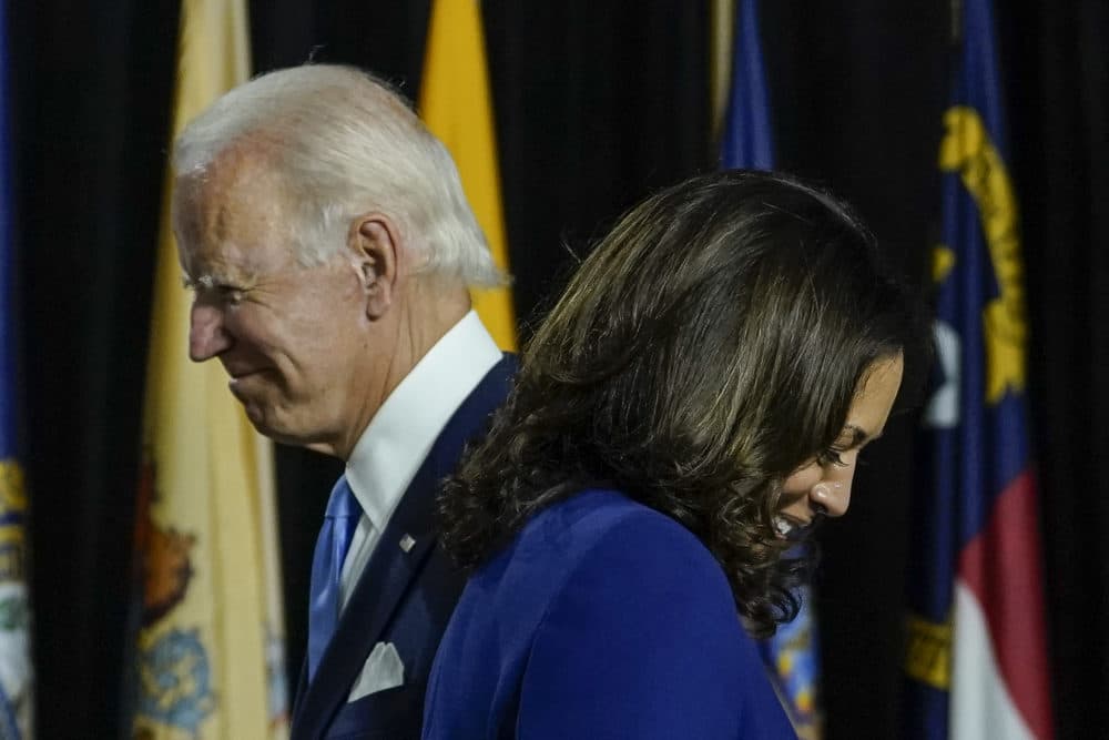 Joe Biden and Kamala Harris deliver remarks at the Alexis Dupont High School on August 12, 2020 in Wilmington, Delaware. (Drew Angerer/Getty Images)