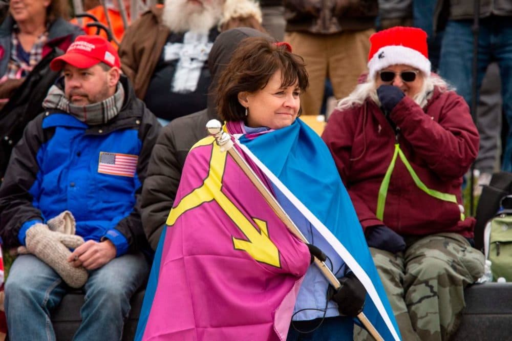 Natick Town Meeting member Suzanne Ianni wraps herself in the group called Super Happy Fun America's so-called &quot;Straight Pride&quot; flag as she and other supporters of President Trump wait for him to address them during a rally in Washington, D.C. on Jan. 6. (Joseph Prezioso/AFP via Getty Images)