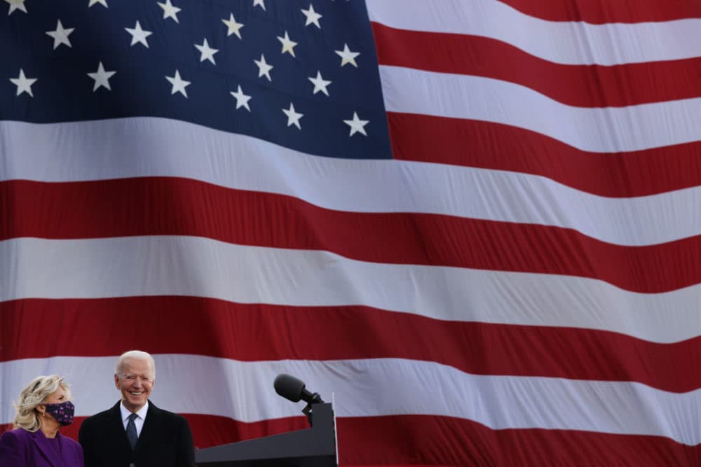 One day before being inaugurated as the 46th president of the United States, President-elect Joe Biden (R) and Dr. Jill Biden participate in a departure ceremony at the Major Joseph R. "Beau" Biden III National Guard/Reserve Center January 19, 2021 in New Castle, Delaware.(Chip Somodevilla/Getty Images)