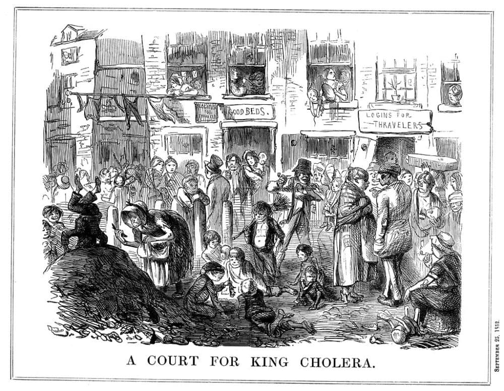 'A Court for King Cholera', 1852. A scene typical of the crowded, unsanitary conditions in London slums. Cholera first appeared in Britain in 1831, and outbreaks occurred regularly in London in the mid 19th century. Its relationship with contaminated water was not understood until established by John Snow (1813-1858). Snow published his theory in a pamphlet in 1849, but did not prove his findings to be correct until another epidemic occurred in 1854. His work led to legislation paving the way for dramatic improvements in all aspects of public health provision. Cartoon from "Punch," September 25, 1852. (Ann Ronan Pictures/Print Collector/Getty Images)