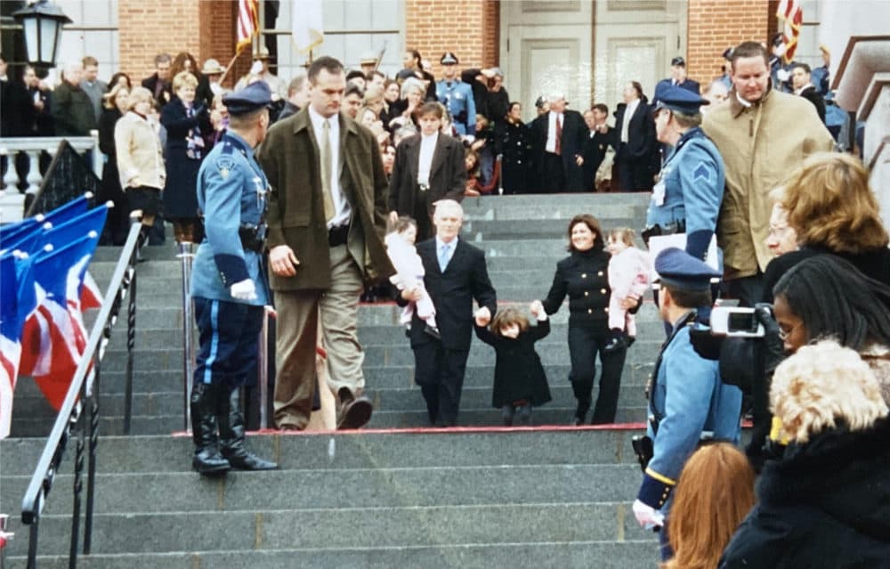 The author during the ceremonial departure from office with her husband, Chuck, and daughters, January 2003. (Courtesy Jane Swift)