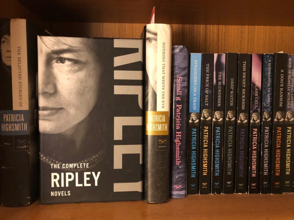 Patricia Highsmith's Ripley novels, surrounded by friends. (Carol Towson for WBUR)
