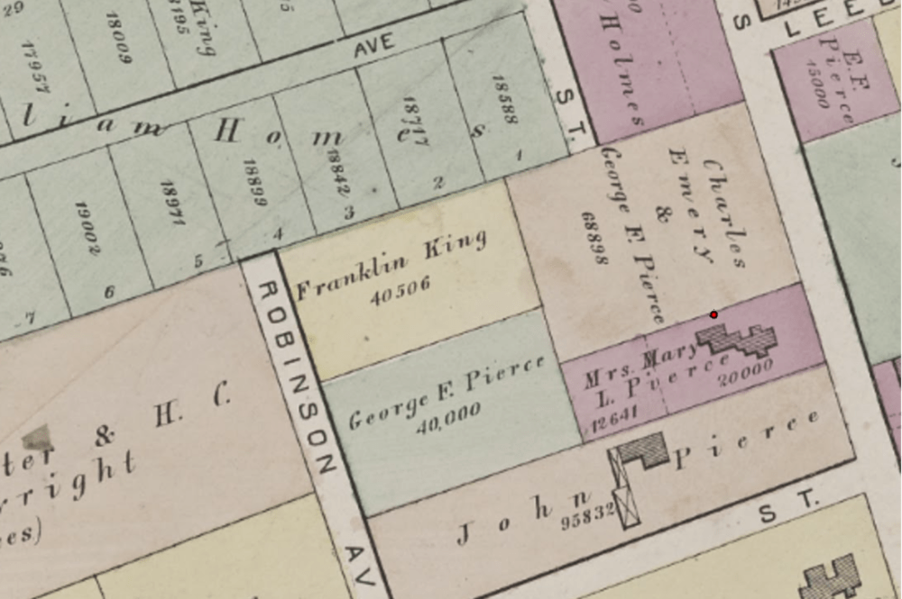An 1874 drawing from Hopkins Atlas shows Mary Pierce owning the house. The red dot indicates where the well was found. (City of Boston Archaeology Program)
