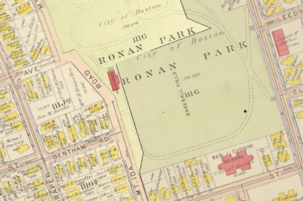 A drawing from the G. W. Bromley Atlas showing Ronan Park soon after it was created. The red dot indicates the location of the well on this map. (City of Boston Archaeology Program)