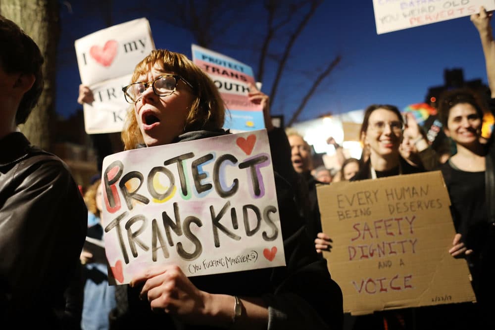 Protests in 2017 against a Trump administration announcement rescinding an Obama-era order allowing transgender students to use school bathrooms matching their gender identities, at the Stonewall Inn in New York City. (Spencer Platt/Getty Images)