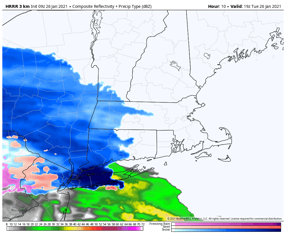 Snow overspreads the region Tuesday afternoon and evening. (Courtesy WeatherBell)