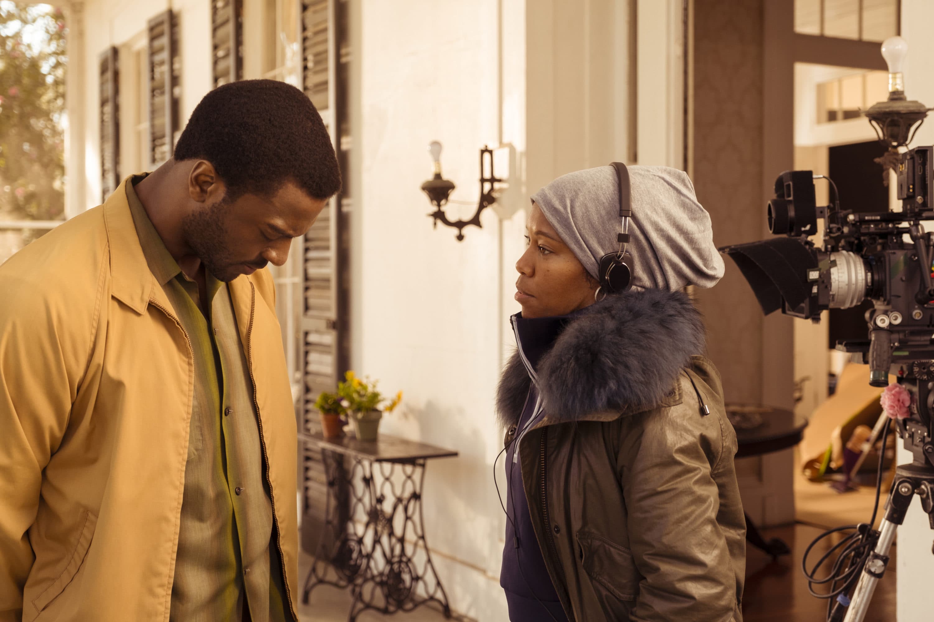 Aldis Hodge and director Regina King on the set of "One Night in Miami." (Patti Perret/Amazon Studios)