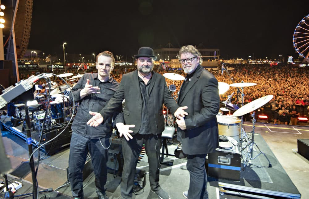 Left to right: Gavin Harrison, Jeremy Stacey and Pat Mastelotto of King Crimson. (Courtesy Tony Levin)