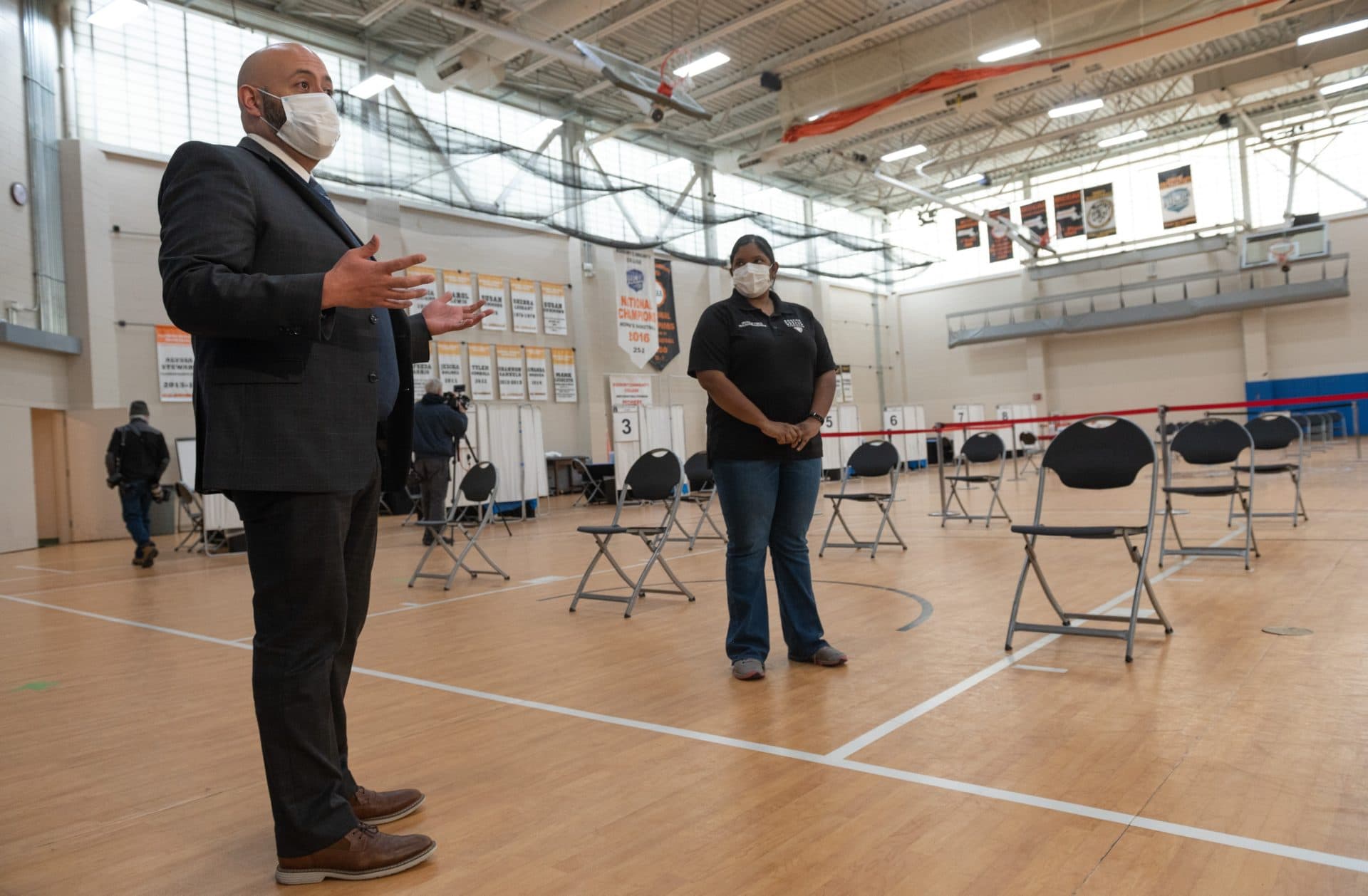 Marty Martinez, chief of Health and Human Services for the city of Boston, spoke with members of the media during a tour of the vaccination site at the Reggie Lewis Center in Roxbury. (Courtesy Jeremiah Robinson/Mayor's Office)