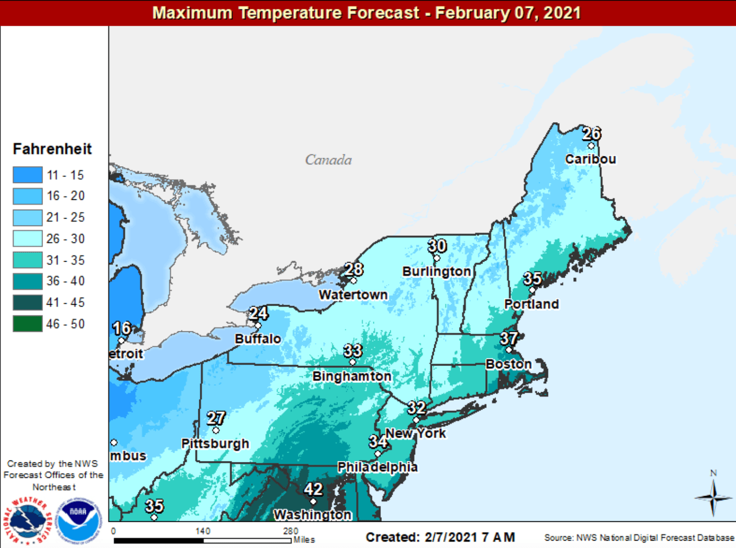 Temperatures will be above freezing at the coastline for a heavier and wetter snow there. (NOAA)
