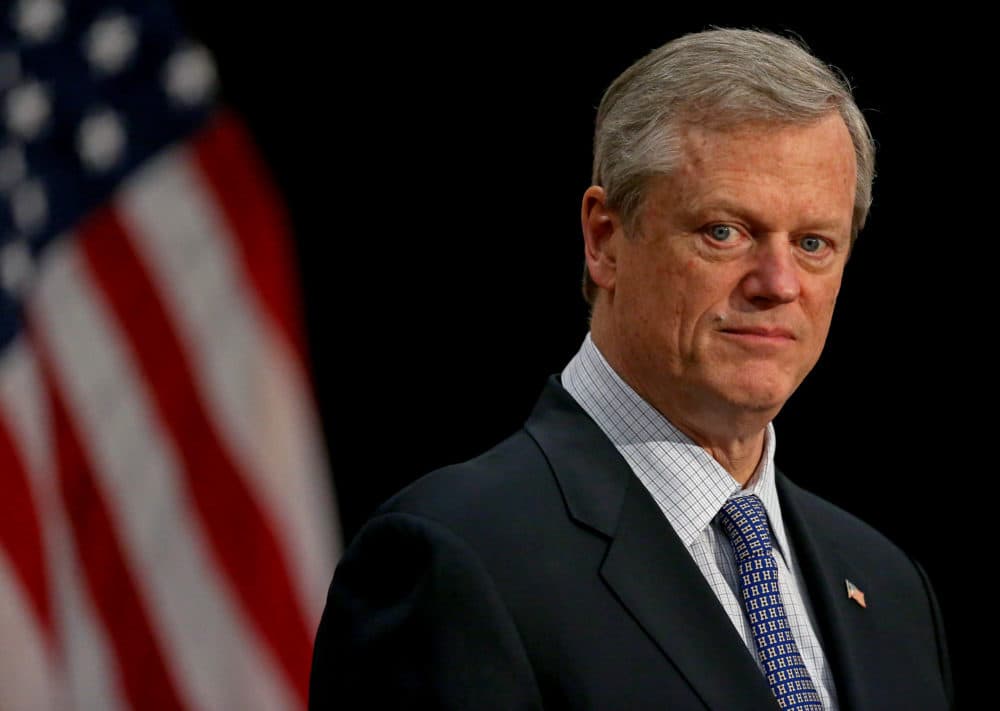 Gov. Charlie Baker speaks at a press conference at the State House on Feb. 8.  (Matt Stone/ Boston Herald, pool)