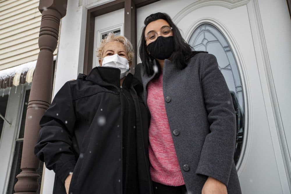 Margarita Restrepo and her daughter, Carolina Aguilar-Restrepo, at their home. (Jesse Costa/WBUR)