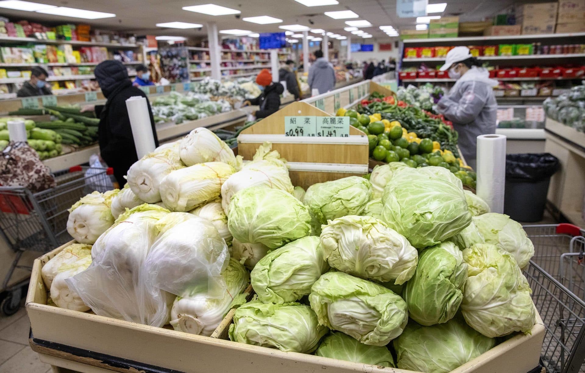 Cabbages on sale in the produce section at the Jia Ho Super Market in Boston. (Robin Lubbock/WBUR)