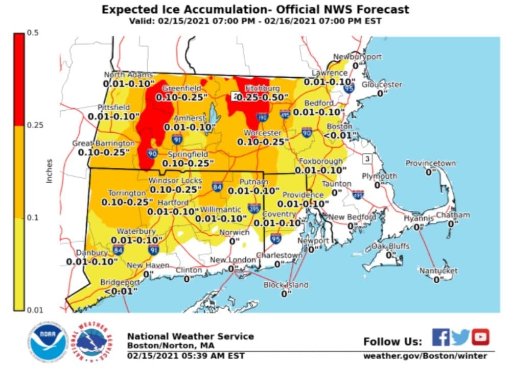 The most significant freezing rain forecast is west of Route 495. (Courtesy NOAA)