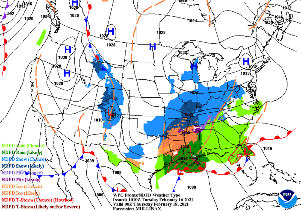 High pressure will keep it dry into Thursday morning before snow arrives from the south in the afternoon. (Courtesy NOAA)